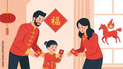 A heartwarming flat design illustration depicting a multi-generational family celebrating Lunar New Year, exchanging red envelopes at a festive dining table. 