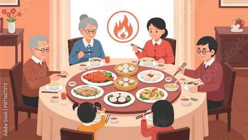 Illustration of a multi-generation Asian family having reunion dinner during Lunar New Year celebration. Family members sitting around a round table with traditional Chinese dishes.