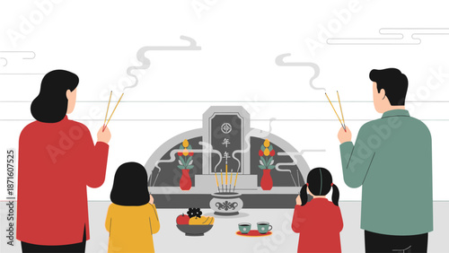 A serene flat design illustration depicting a family honoring ancestors at a temple or grave during Lunar New Year. This clean, modern vector reflects the respectful traditions of the holiday.
