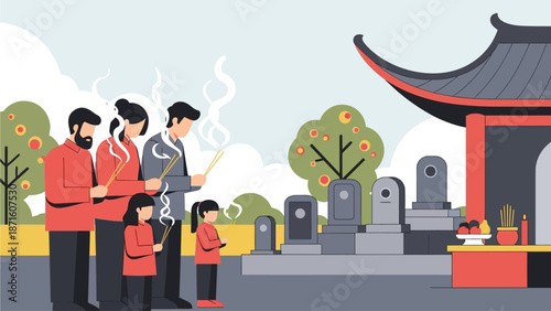 A serene flat design illustration depicting a family honoring ancestors at a temple or grave during Lunar New Year. This clean, modern vector reflects the respectful traditions of the holiday.
