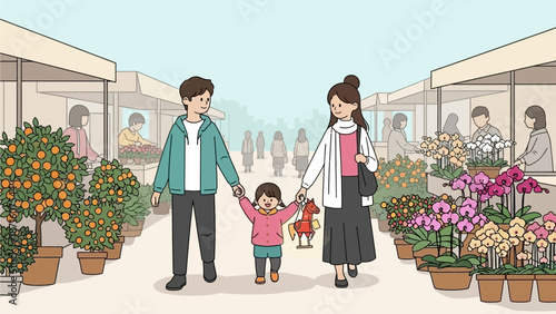This flat design vector illustrates a family enjoying a vibrant flower market, selecting auspicious plants for Lunar New Year. 