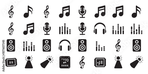 Music icon set glyph sound symbol illustration treble clef note microphone speaker headphone equalizer