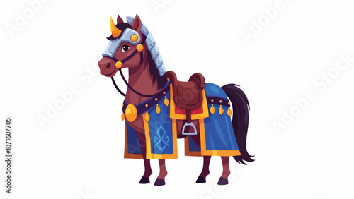 Illustration of a brown horse wearing a blue and gold harness and saddle standing against a white background.