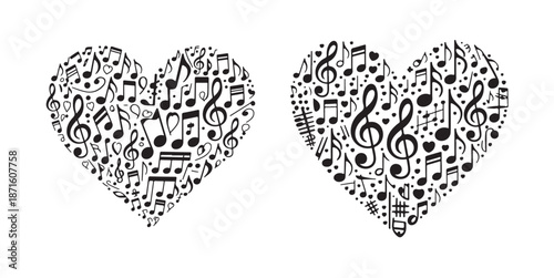 Two hearts made of musical notes clefs and symbols representing love for music or song