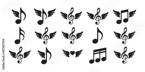 Collection of flying music notes and treble clef black vector silhouette icons with wings