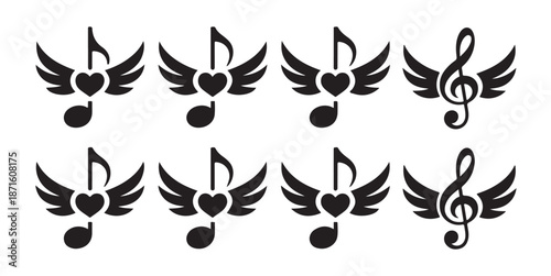 Musical notes with wings and heart icons, music symbol collection
