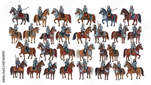 Collection of medieval knights on horseback with colorful armor and horses in various poses against a plain white background.