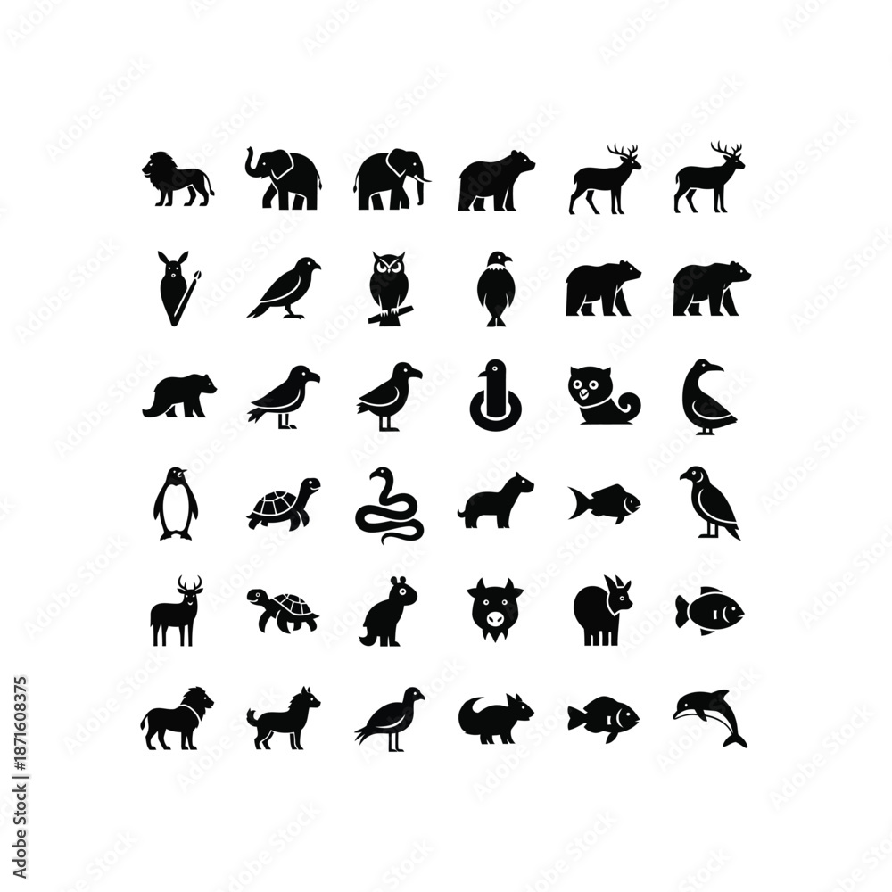 Fototapeta premium Collection of animal silhouettes on white background various species silhouette