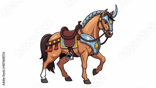Illustration of a brown horse wearing a saddle and bridle with colorful accents, posed in mid-gallop against a plain white background.