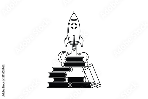 Silhouette of a rocket launching from a stack of books in a silhouette