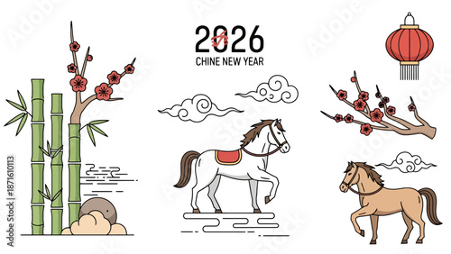 Celebrate 2026 Chinese New Year and the Year of the Horse with Festive Symbols Bamboo Blossom Lantern and Traditional Equine Imagery