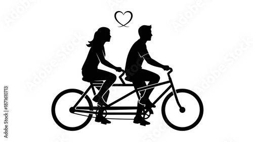 Black silhouette of a man and woman riding a tandem bicycle together, with a small heart symbol floating above them, representing love and partnership.