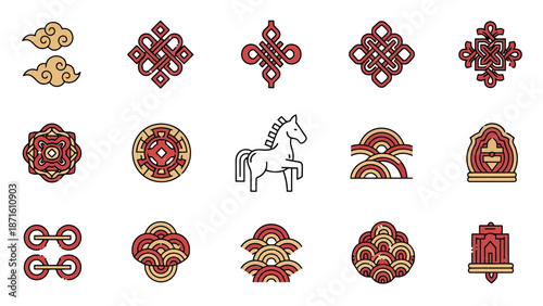 Collection of Traditional Asian Decorative Elements Featuring Knot Patterns And Horse Silhouette For Cultural Celebration Designs