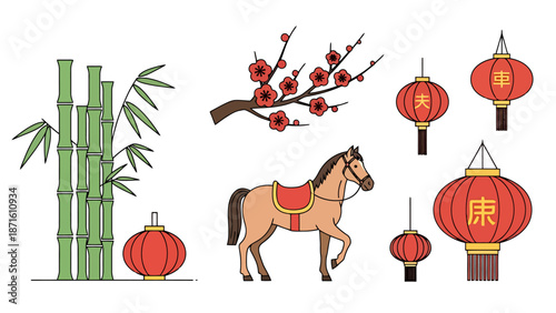 Traditional Chinese New Year Elements Including Bamboo Stalks Cherry Blossoms Horse Lanterns and Festive Decorations For Celebrations