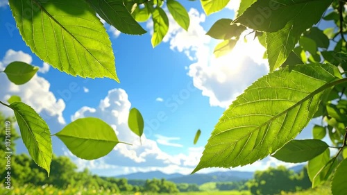Lush green leaves frame a bright blue sky with f clouds, creating a serene nature scene.