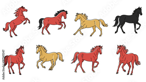 Collection Of Eight Stallions In Various Poses And Colors Representing Power Strength And Freedom On A White Background