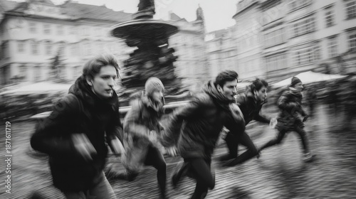 People running through city street