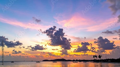 Beautiful sunset over the ocean with colorful clouds and silhouettes of palm trees.