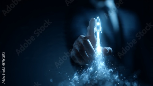Visionary entrepreneur ignites innovation with glowing rocket launch, symbolizing ambitious growth and future success.