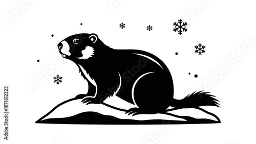 Black silhouette illustration of a groundhog or marmot sitting on a snowy mound with snowflakes falling, depicting a winter scene.