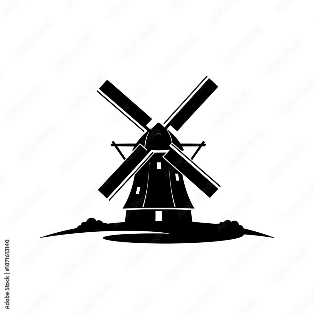 Obraz premium Windmill Dutch Landscape Silhouette Vector Icon - Holland Icon Black Shape on White Background - Minimalist Farm Symbol