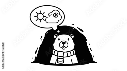 A cute cartoon groundhog wearing a scarf peeking out of its burrow, thinking about sunny and snowy weather.