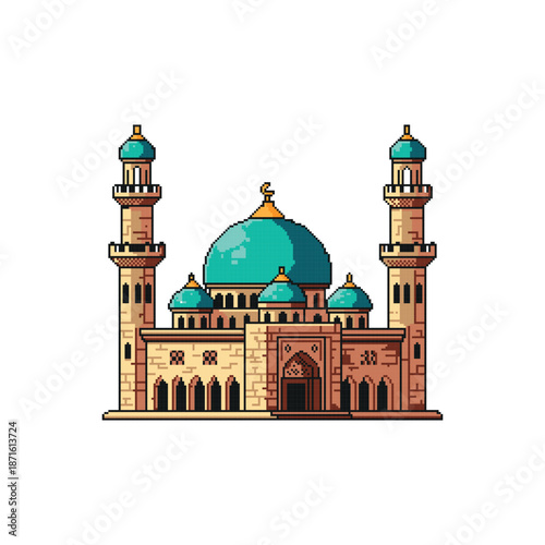 Tableau sur toile Pixel Art Mosque with Green Dome, Islamic Architecture Icon