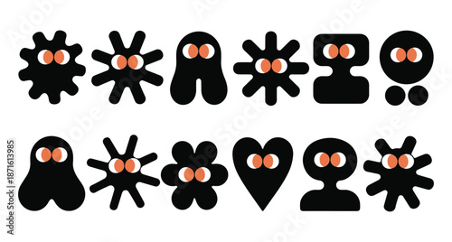 Black blob characters with orange eyes set against white background for abstract design use