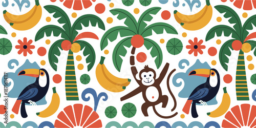 Seamless pattern tropical jungle design with palm trees toucans monkeys bananas and exotic flowers illustration