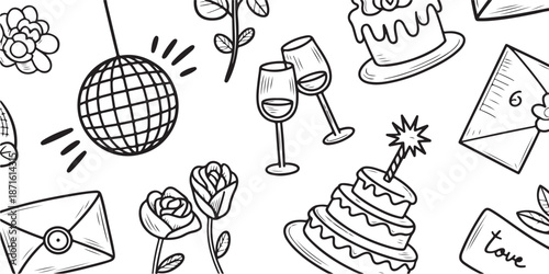 Minimalist celebration doodle illustration with disco ball wine glasses and birthday cakes
