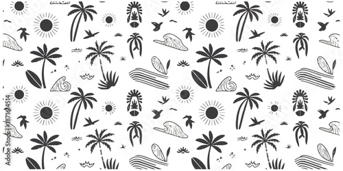 Seamless tropical summer beach pattern with palm trees sun waves and birds