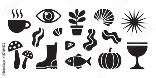 Minimalist black silhouette icons set of everyday objects and nature elements on white flat