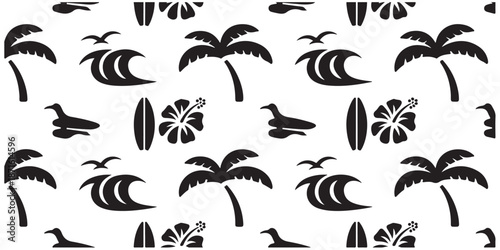 Tropical beach seamless pattern with black silhouettes of palm trees waves and hibiscus flowers