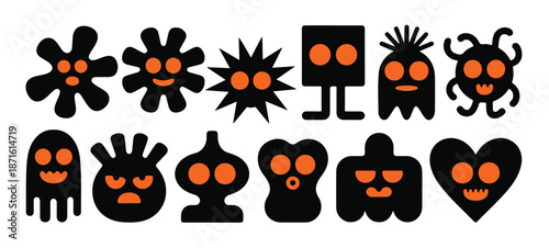 Diverse group of black and orange cartoon monsters with various facial expressions