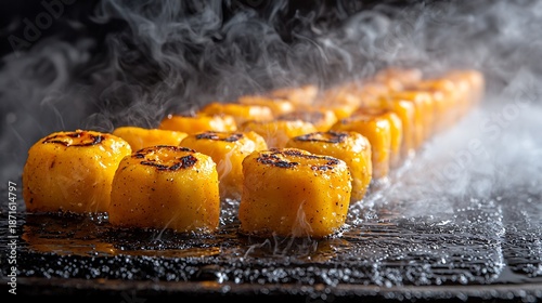 Delicious hot sushi rolls steaming on a dark grill plate ready to be served.