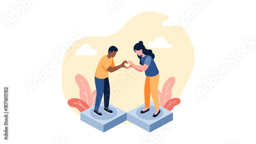 Two diverse individuals, a man and a woman, stand on separate platforms, forming a heart shape with their hands, symbolizing connection, unity, and shared love in a modern, flat vector illustration.