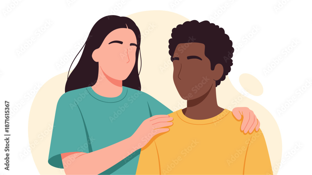 Obraz premium A supportive illustration depicting a compassionate woman comforting a man, symbolizing empathy, care, and understanding during difficult times.