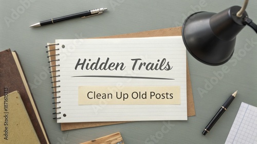 Organized Workspace with Notebooks, Lamp, and Clean Up Message on a Desk Surface for Productivity and Reflection