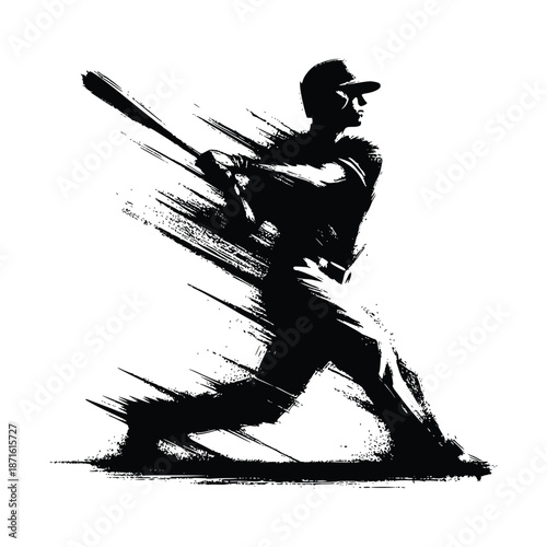 black brush stroke silhouette of a playing baseball on white background