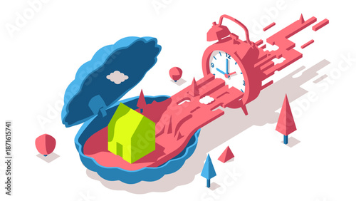Abstract isometric illustration depicting a house emerging from a seashell, with a rapidly moving alarm clock symbolizing time and urgency.