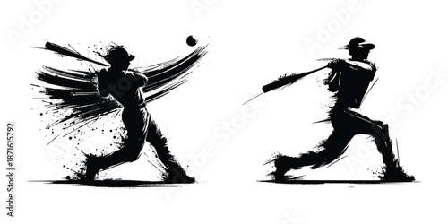 black brush stroke silhouette of a playing baseball on white background