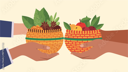 Two diverse hands exchange woven baskets filled with fresh produce and aromatic spices, symbolizing cultural sharing and healthy living.