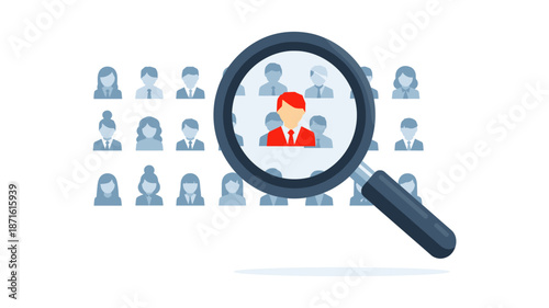 Magnifying glass highlighting a single red-suited person among a diverse group of grey-toned avatars, symbolizing talent acquisition and employee selection.