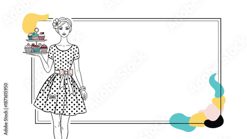 Chic line art illustration of a woman in a polka dot dress holding a tiered tray of cupcakes, set against a simple frame.