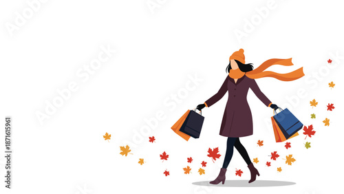 Woman wearing a warm coat and scarf happily carries shopping bags while walking through swirling autumn leaves, enjoying the fall season and shopping.