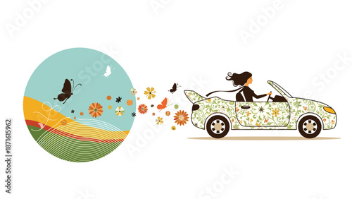 Woman with flowing hair drives a floral patterned car releasing a stream of flowers and butterflies, representing an eco-friendly concept.