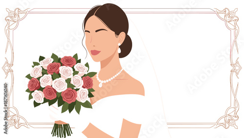 Beautiful bride with an elegant updo and pearl necklace holds a bouquet of pink and white roses, framed by a delicate ornamental border.