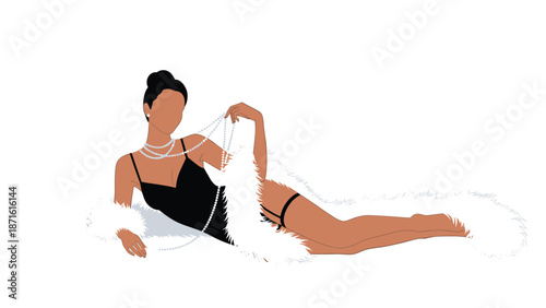Faceless portrait of a glamorous woman in black lingerie and a white fur boa lying down and playing with a string of pearls, evoking luxury.
