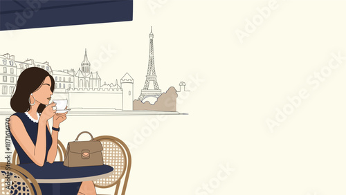 Elegant woman enjoys a cup of coffee at a Parisian cafe with a beautiful sketch of the Eiffel Tower and city skyline in the background.