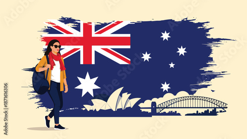 Female tourist with a backpack and sunglasses walking in front of a grunge-style Australian flag featuring the Sydney skyline with the Opera House.